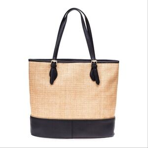 Isaac Mizrahi ‘Diana’ Straw Tote in Tan with Black Vegan Leather Trim